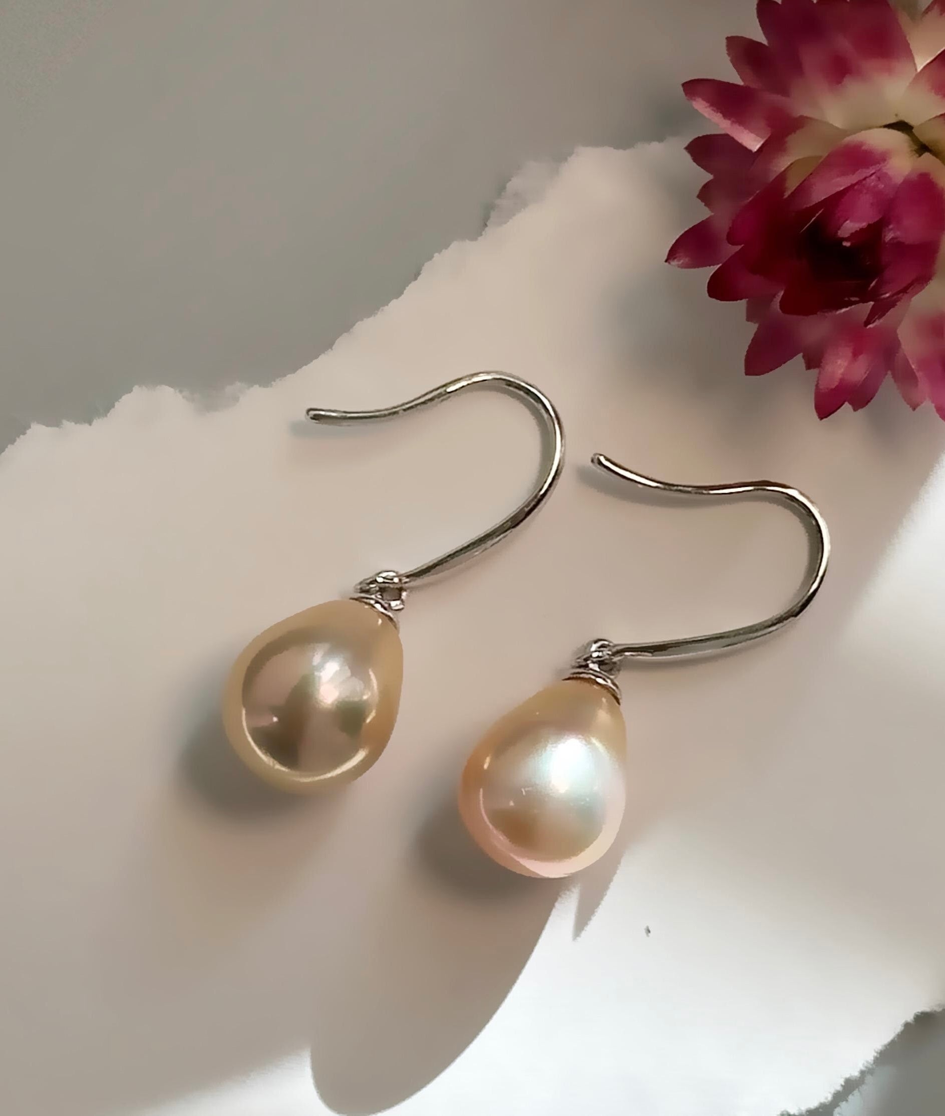 Sterling Silver 925 Teardrop Freshwater Pearl Earrings | 10.6mm x 8.6mm Pearls | Elegant Nature-Inspired Dangle Earrings