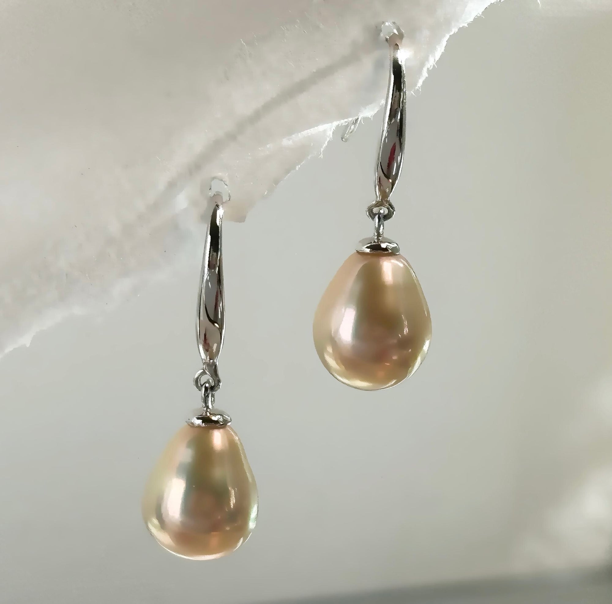 Sterling Silver 925 Teardrop Freshwater Pearl Earrings | 10.6mm x 8.6mm Pearls | Elegant Nature-Inspired Dangle Earrings