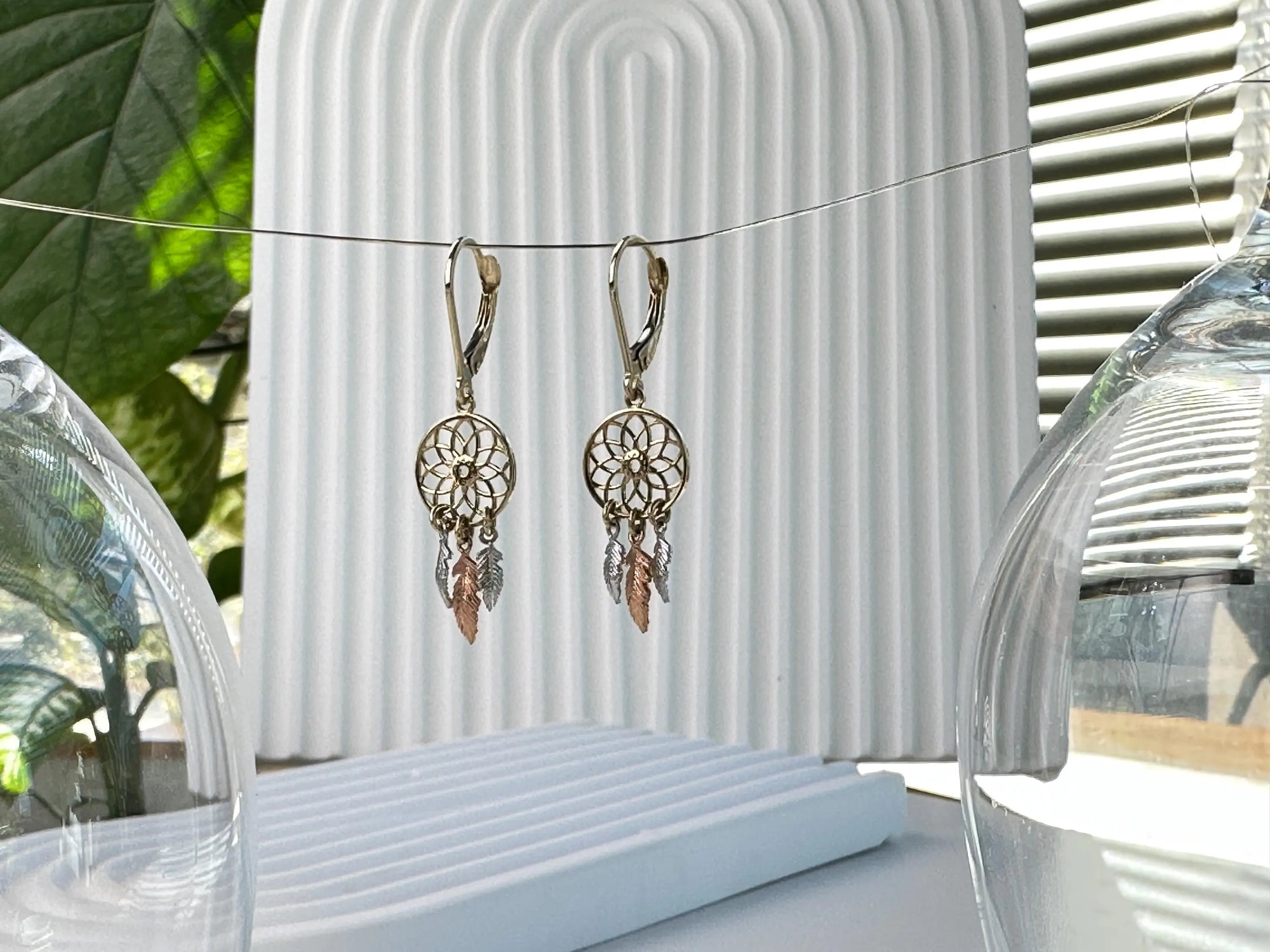 10K Tri-Tone Gold Dreamcatcher Dangle Earrings | Spiritual Protector Earrings | 39.1mm Long with Rose &amp; White Gold Feathers