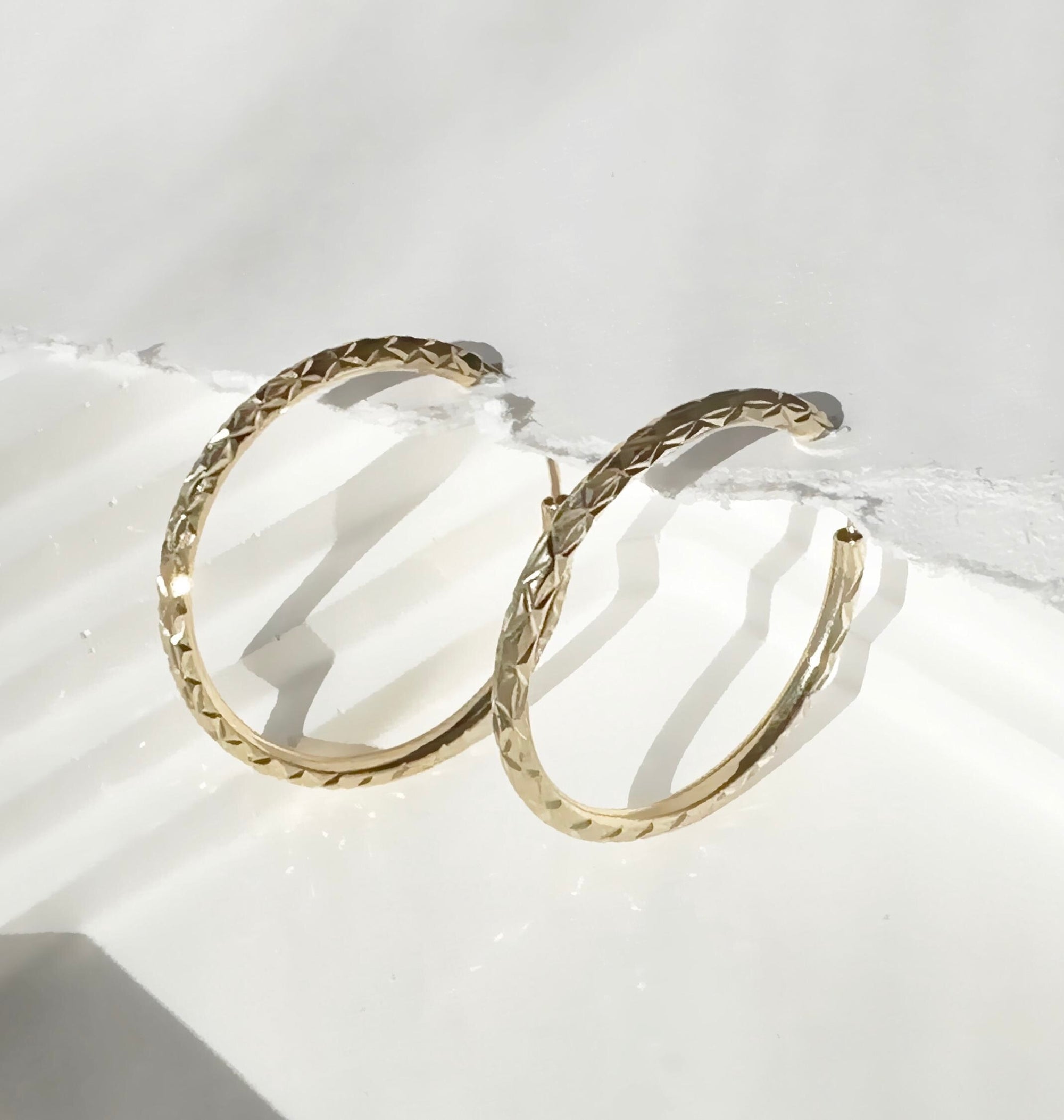 10K Gold Hoop Earrings | 25mm Wide, 1.8mm Tube | Textured Sparkling Classic Timeless Hoops