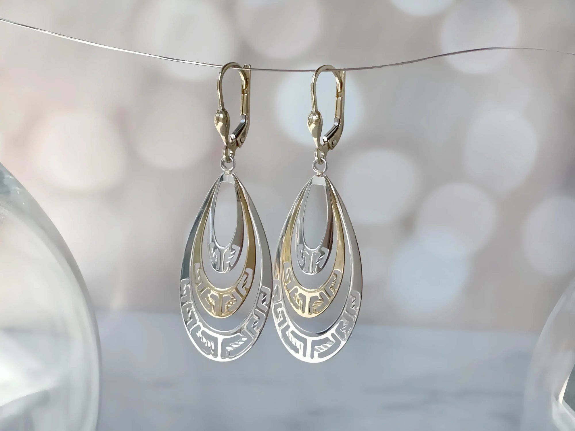 10K Two-Tone Gold Teardrop Earrings | 50mm Long, 16.8mm Wide | Elegant Greek Key Design with High Polish Finish