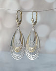 10K Two-Tone Gold Teardrop Earrings | 50mm Long, 16.8mm Wide | Elegant Greek Key Design with High Polish Finish