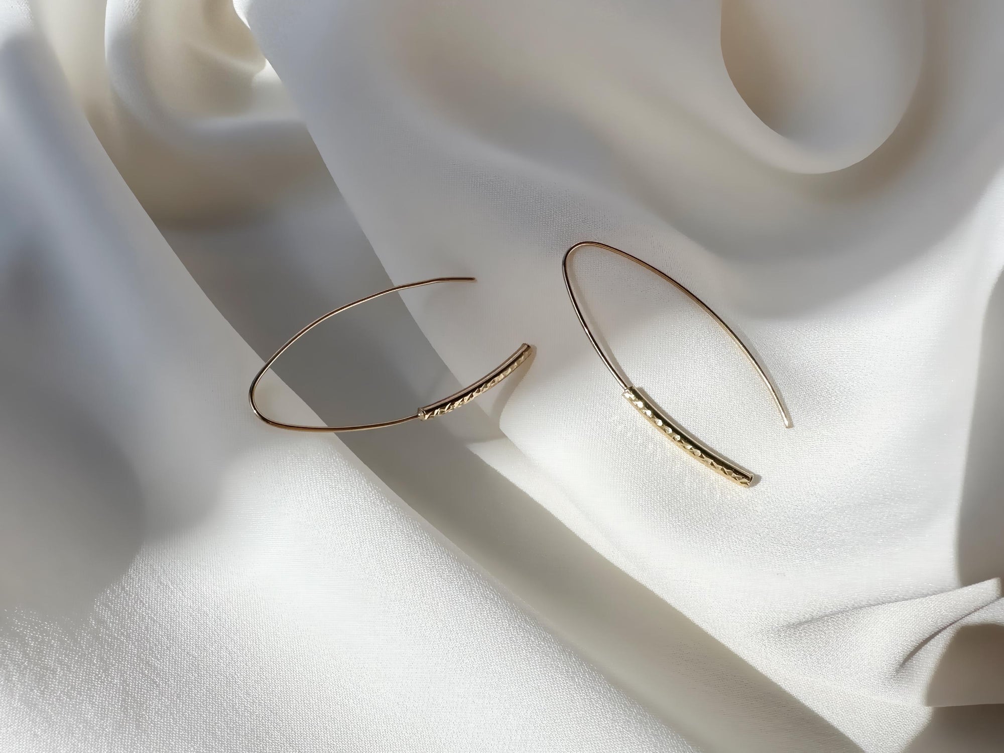 10K Yellow Gold Minimalist Hoop Earrings | 40mm Long | Chic &amp; Modern Textured Bar Design for Everyday Elegance