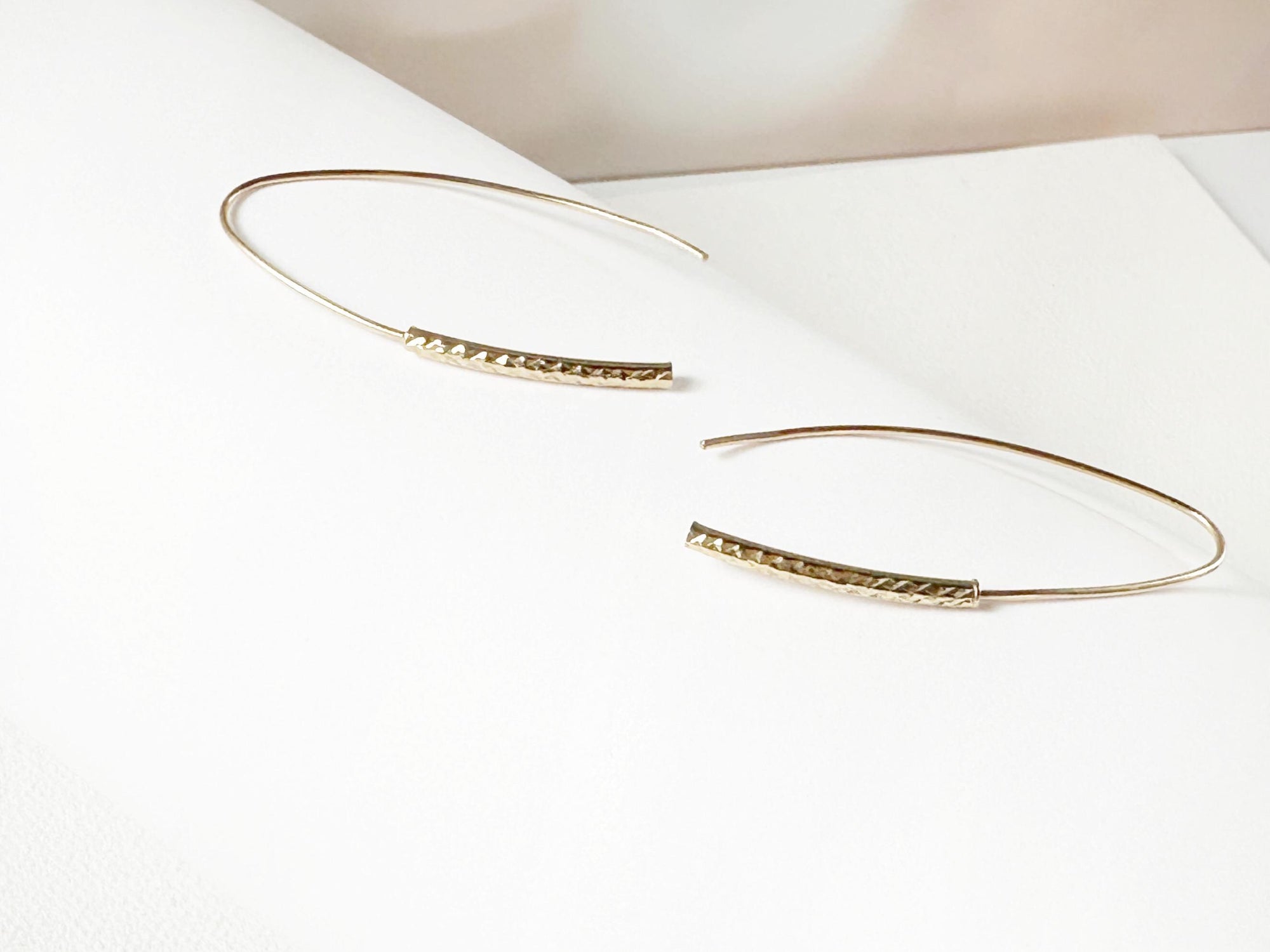 10K Yellow Gold Minimalist Hoop Earrings | 40mm Long | Chic &amp; Modern Textured Bar Design for Everyday Elegance