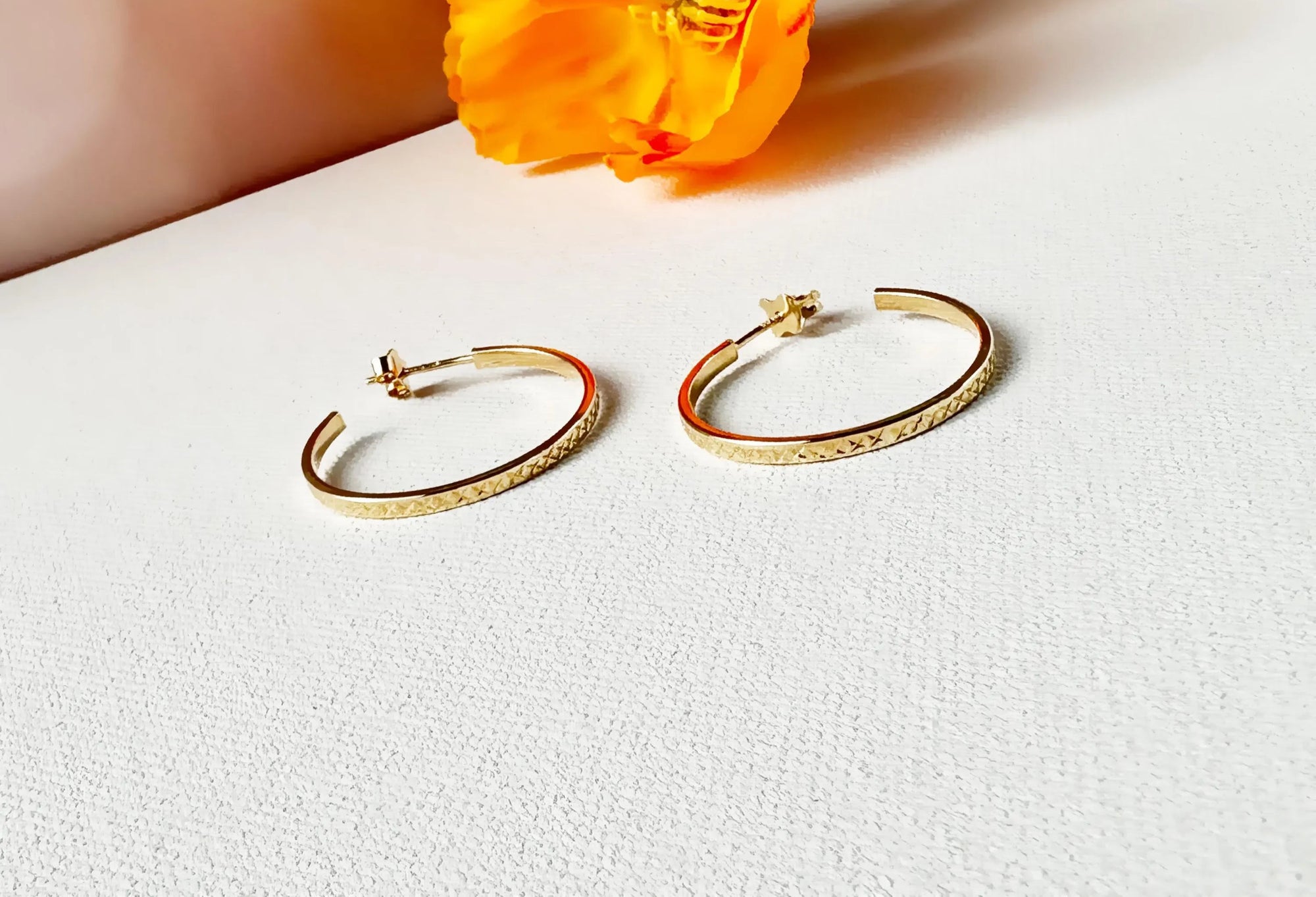 10K Yellow Gold Hoop Earrings | Textured Sparkling Classic Timeless Hoops