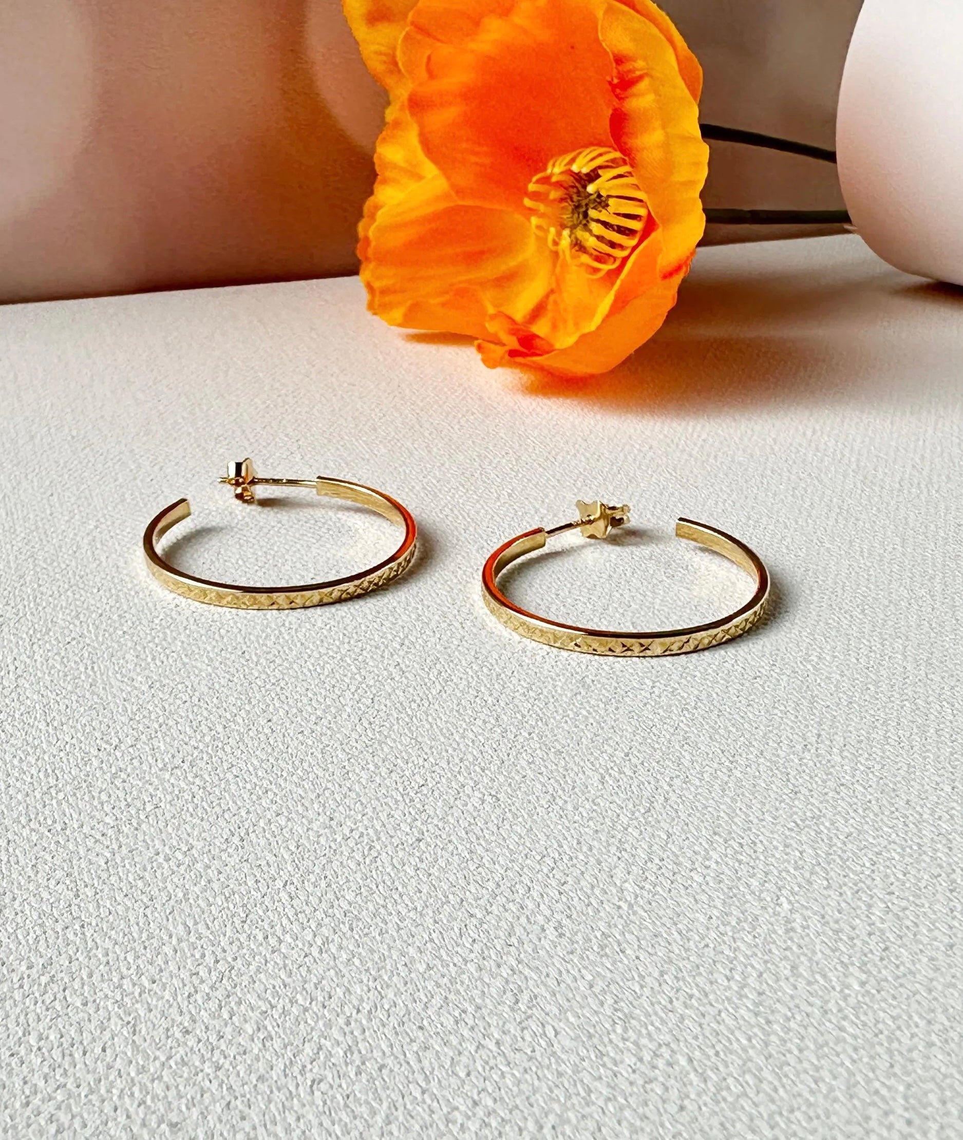 10K Yellow Gold Hoop Earrings | Textured Sparkling Classic Timeless Hoops