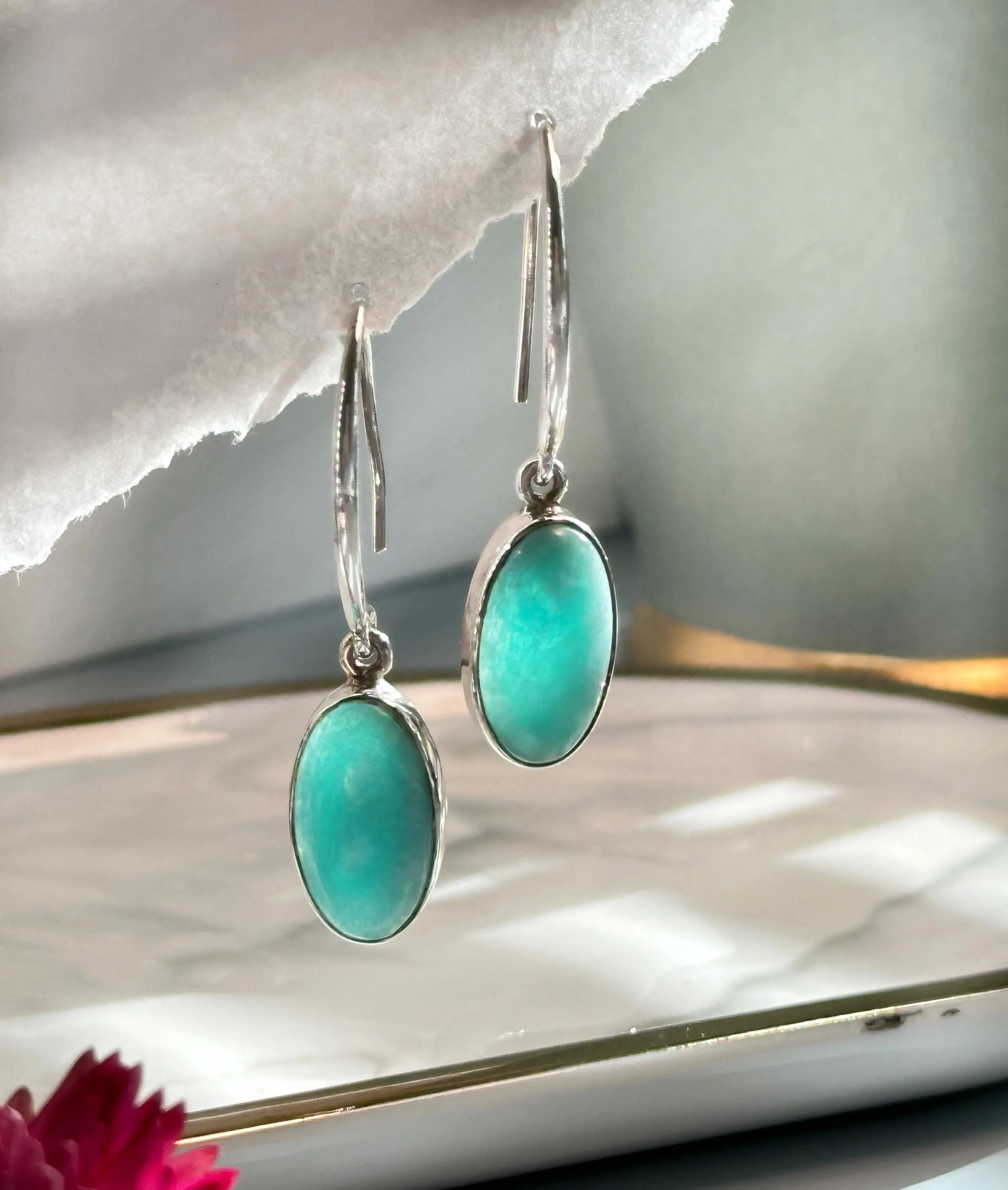 Sterling Silver Blue Larimar Natural Stone Dangle Earrings | 46.2mm Long, 11mm Wide | Elegant Nature-Inspired Gemstone Earrings