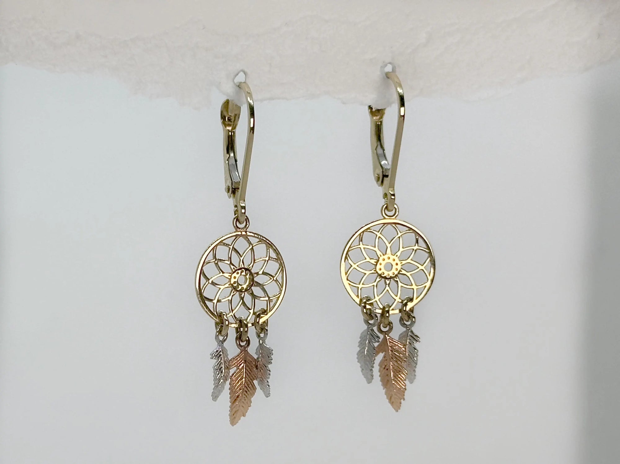 10K Tri-Tone Gold Dreamcatcher Dangle Earrings | Spiritual Protector Earrings | 39.1mm Long with Rose &amp; White Gold Feathers