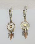 10K Tri-Tone Gold Dreamcatcher Dangle Earrings | Spiritual Protector Earrings | 39.1mm Long with Rose & White Gold Feathers