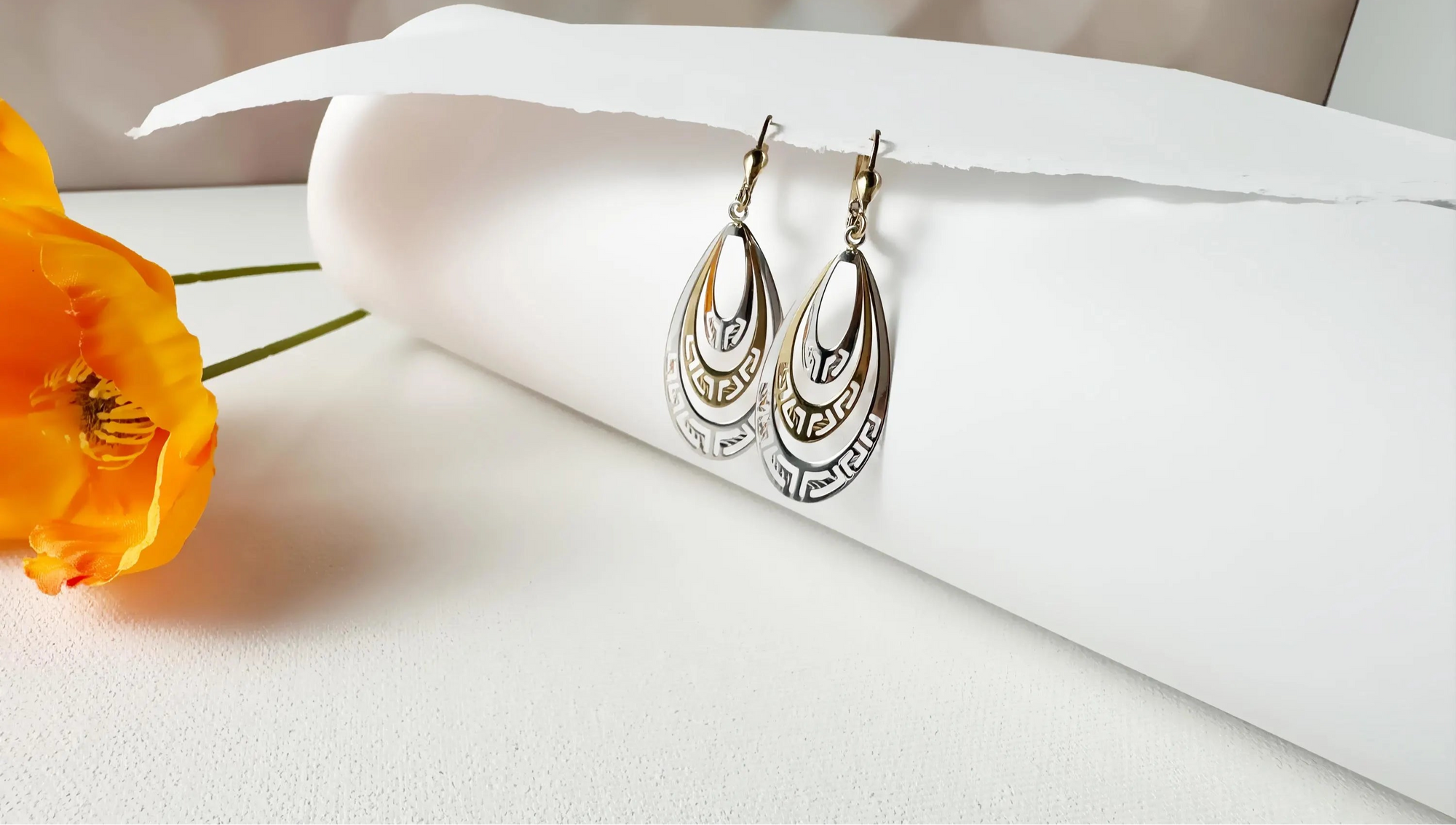 10K Two-Tone Gold Teardrop Earrings | 50mm Long, 16.8mm Wide | Elegant Greek Key Design with High Polish Finish