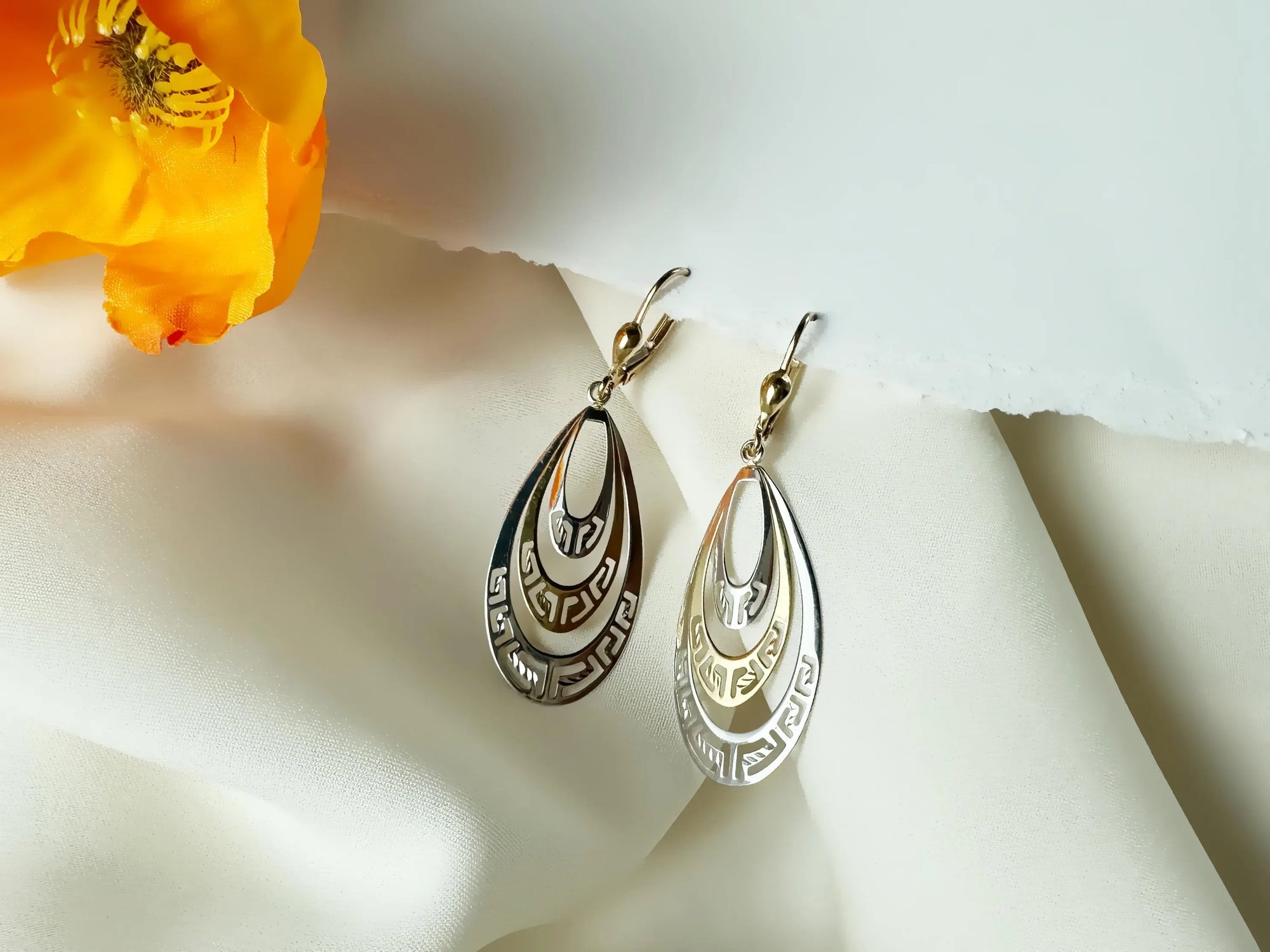 10K Two-Tone Gold Teardrop Earrings | 50mm Long, 16.8mm Wide | Elegant Greek Key Design with High Polish Finish