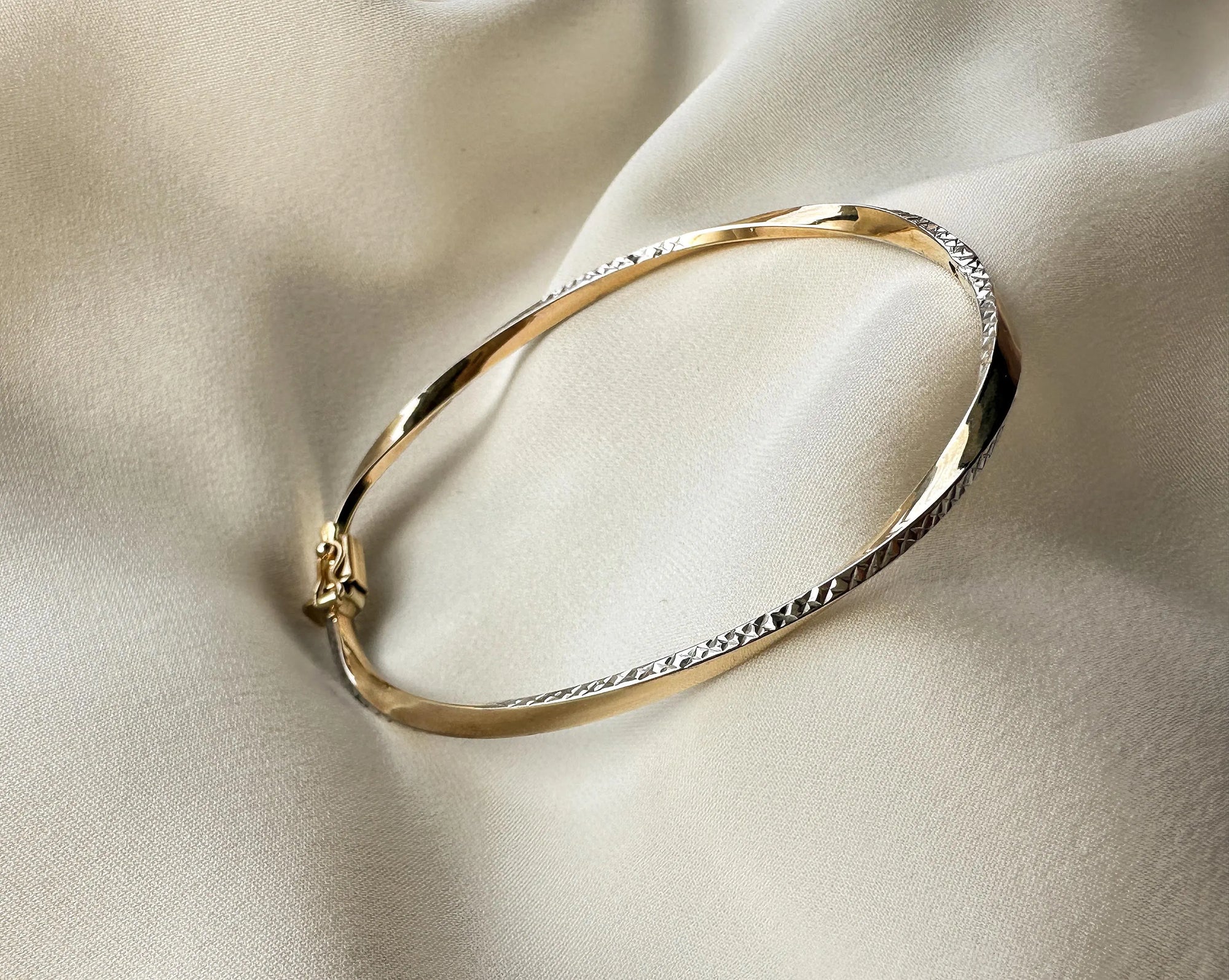 10K Two-Tone Gold Twisted Bangle | Hinged, 7.5 Inches, 2.9mm Thick | Elegant Square-Round Designs